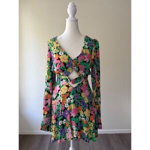 ARFM Long Sleeve Floral Mini Dress S Petite Cutout Front Festival Retro Boho Y2K